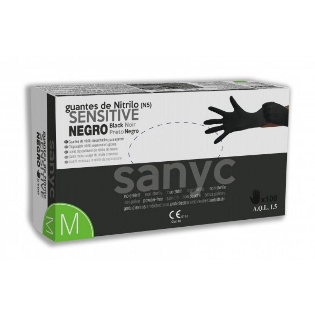 Sanyc Luva de Nitrilo Preto Sem Pó Sensitive em Caixa de 100 Unidades