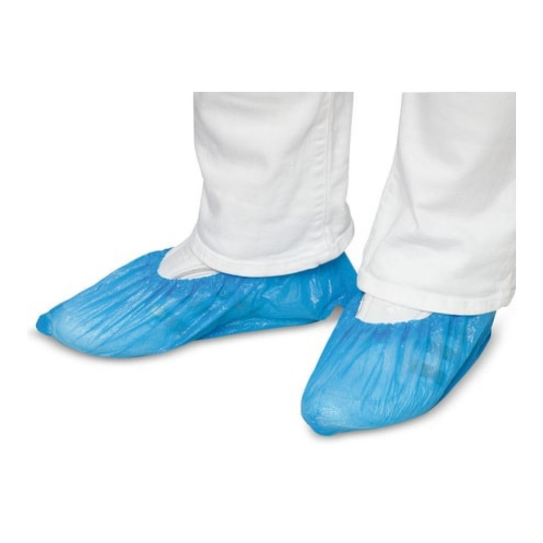 Cobre Sapatos CPE Azul impermeável com elástico para proteção descartável do calçado em Embalagens de 100 Unidades
