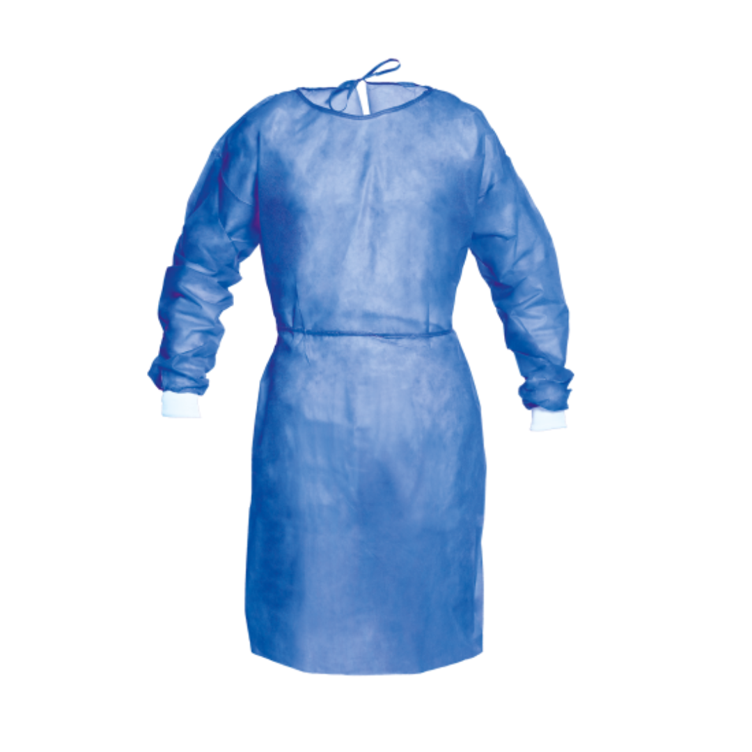 Bata Impermeável Azul com punhos elásticos para utilização hospitalar em Embalagens de 10 unidades