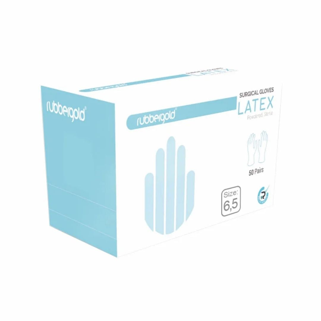 Rubbergold Luvas Cirúrgicas Látex com Pó Estéreis para procedimentos médico cirúrgicos de alta precisão 50 Pares