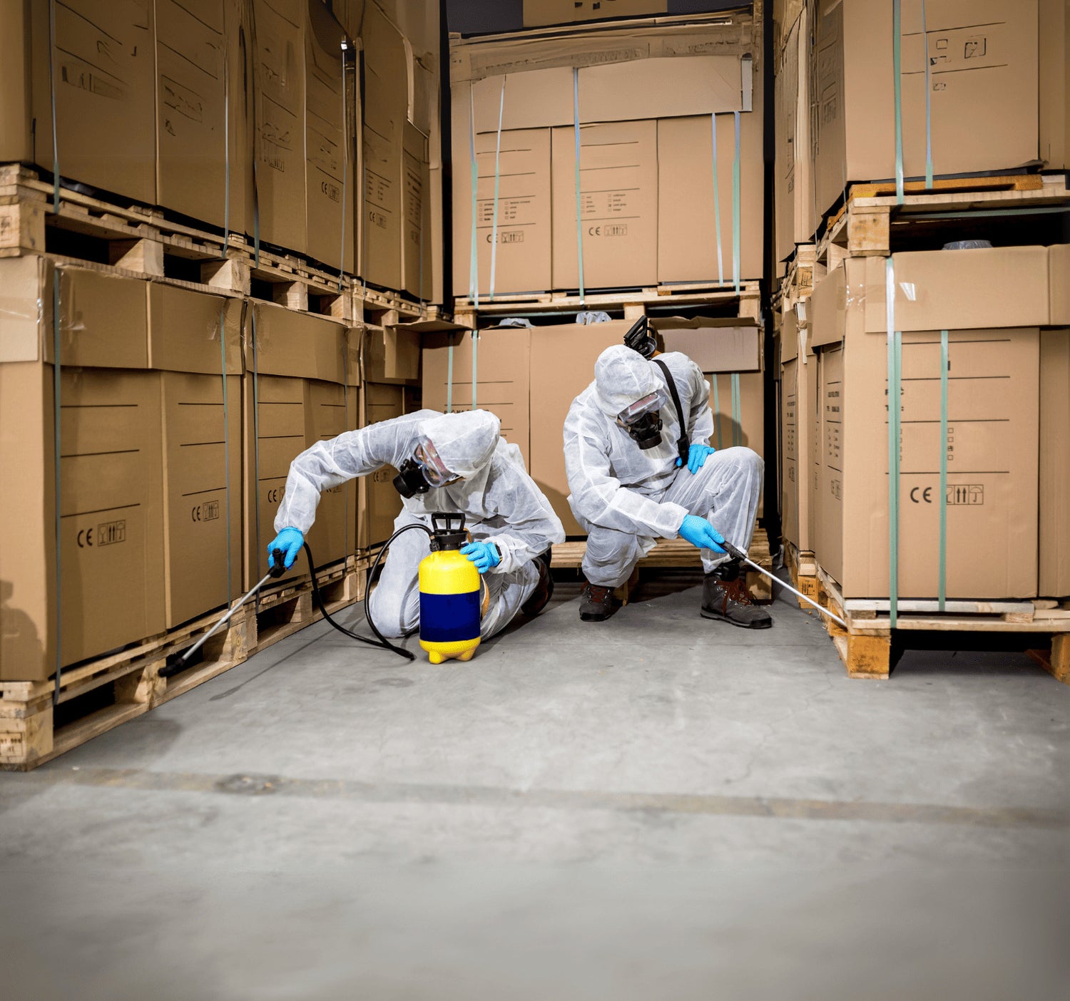 Técnicos a realizar controlo de pragas em armazém, com aplicação localizada no solo e junto a paletes, utilizando equipamento profissional e proteção individual.