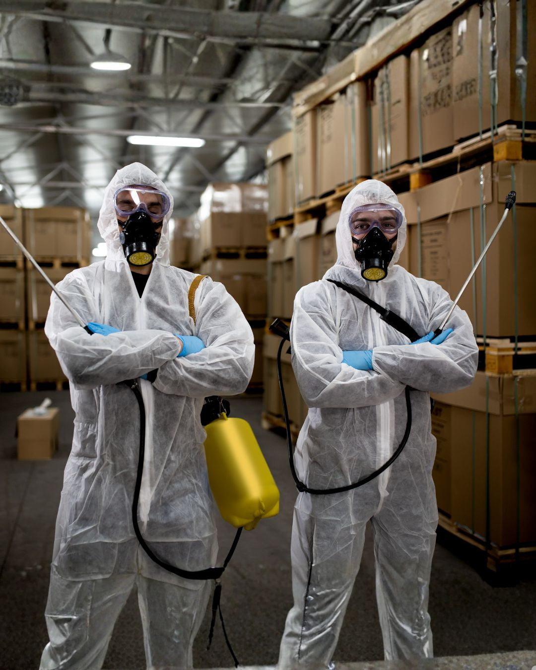 Técnicos equipados a realizar controlo de pragas em armazém, utilizando equipamentos de proteção e aplicação profissional.