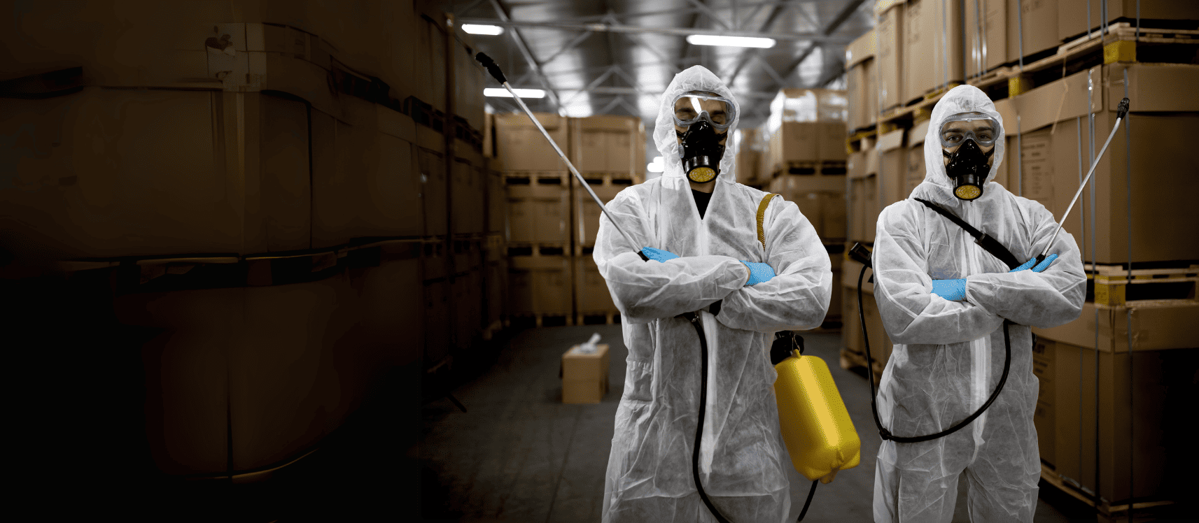 Técnicos equipados a realizar controlo de pragas em armazém, utilizando equipamentos de proteção e aplicação profissional.