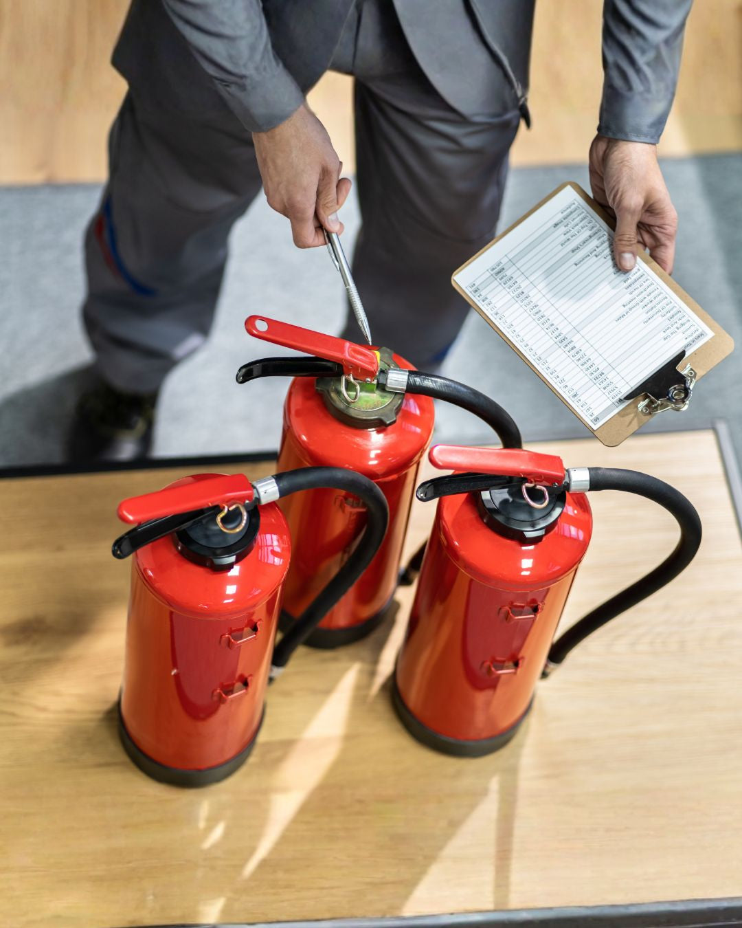 Técnico a realizar inspeção e manutenção de extintores, com verificação de pressão e registo de conformidade de segurança.