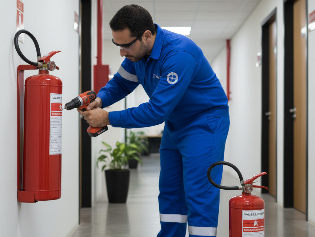 Técnico a realizar a instalação de extintor de incêndio em parede, garantindo a correta fixação e conformidade com as normas de segurança.