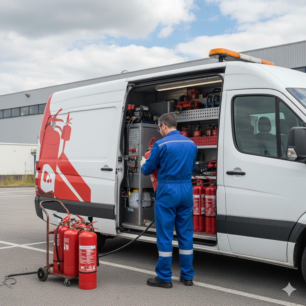 Técnico a realizar manutenção de extintores com unidade móvel, garantindo a recarga e a conformidade dos equipamentos no local.