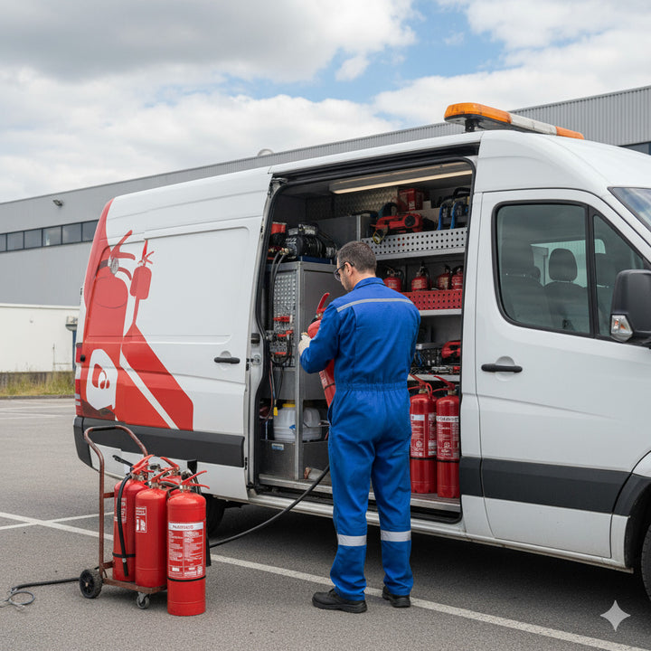 Técnico a realizar manutenção de extintores com unidade móvel, garantindo a recarga e a conformidade dos equipamentos no local.
