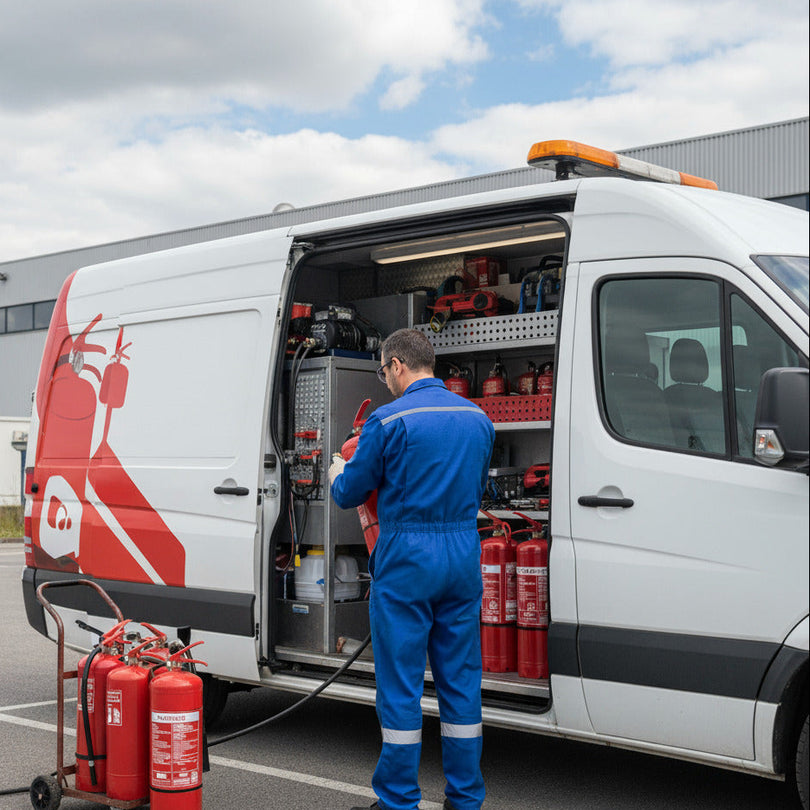 Técnico a realizar manutenção de extintores com unidade móvel, garantindo a recarga e a conformidade dos equipamentos no local.