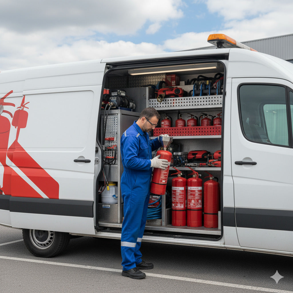 Técnico a realizar manutenção de extintores com unidade móvel equipada, garantindo recarga, inspeção e conformidade no local do cliente.